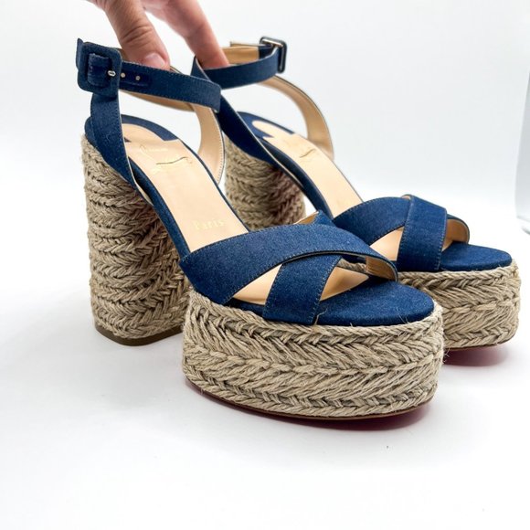 Christian Louboutin Super Mariza Denim Platform Red Bottom Espadrilles Sz 37 - Picture 8 of 12